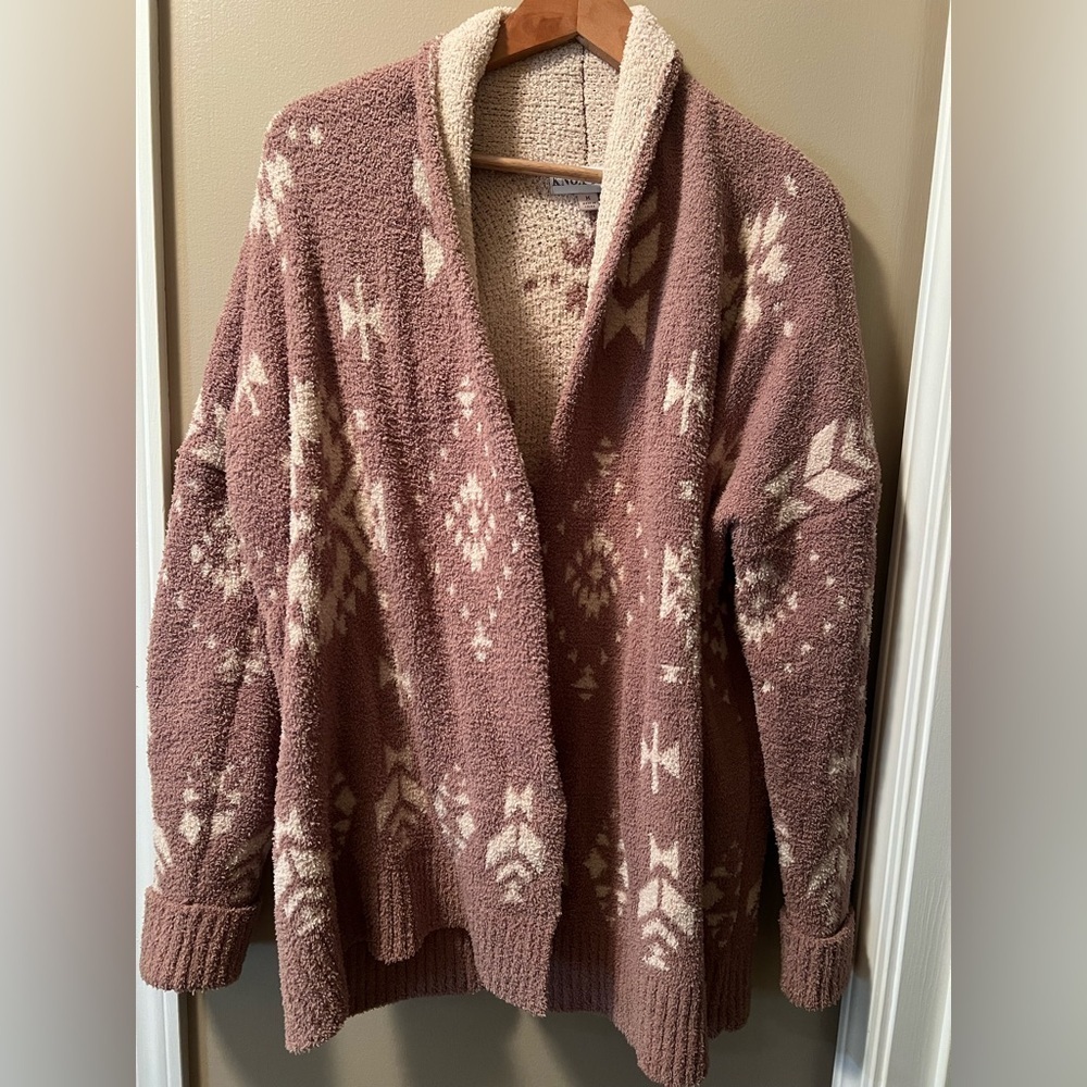 Knox Rose Dusty Brown and Cream Knit Cardigan Size Medium